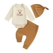 Load image into Gallery viewer, Baby Boys Girls 3Pcs Outfit Hello Pumpkin Long Sleeve Embroidery Letters Romper Elastic Waist Pants Hat Halloween Set
