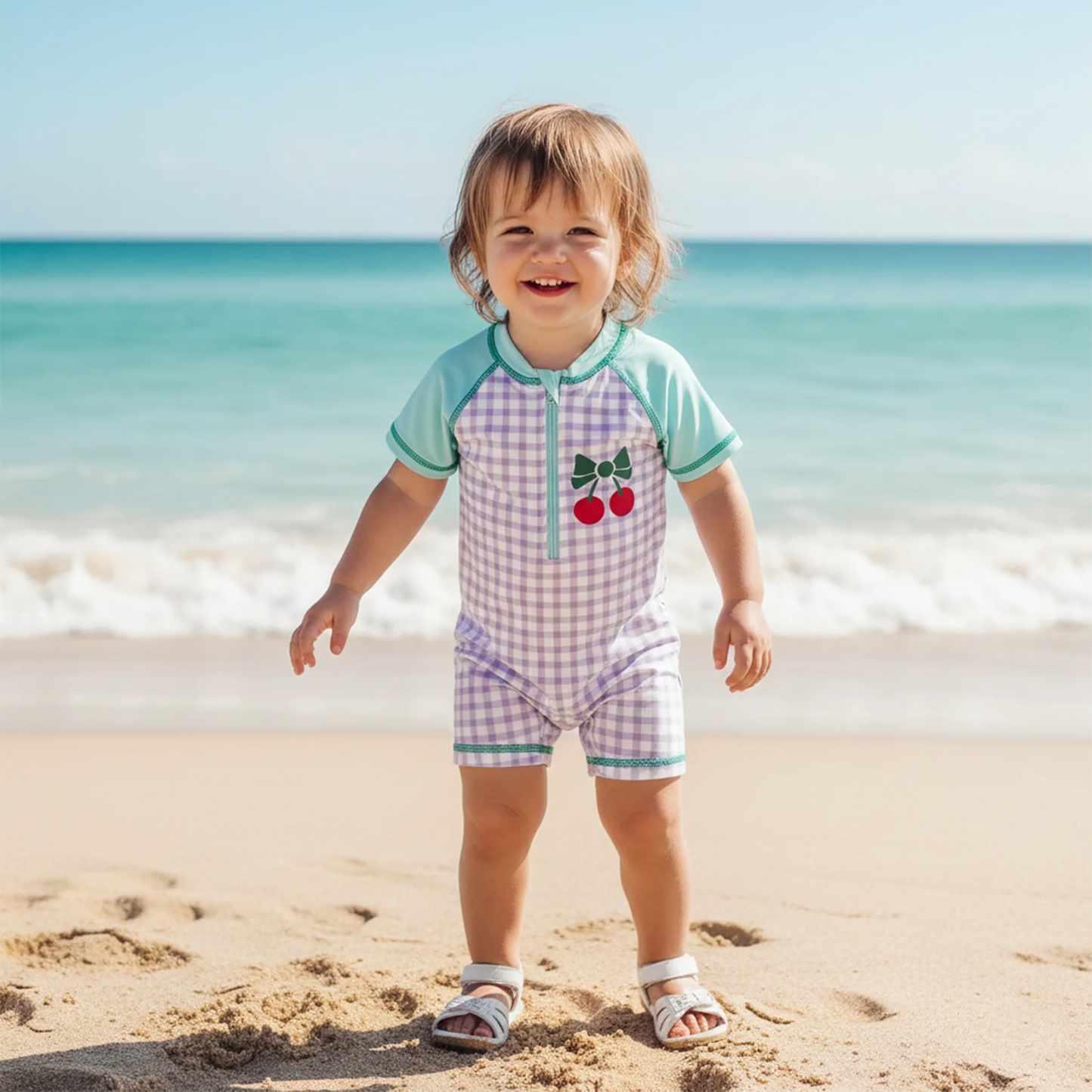 Baby Toddler Girls Rash Guard Swimsuit Plaid Contrast Color Cherry Zip Up Short Sleeve Baby Girls Swimwear Bathing Suit