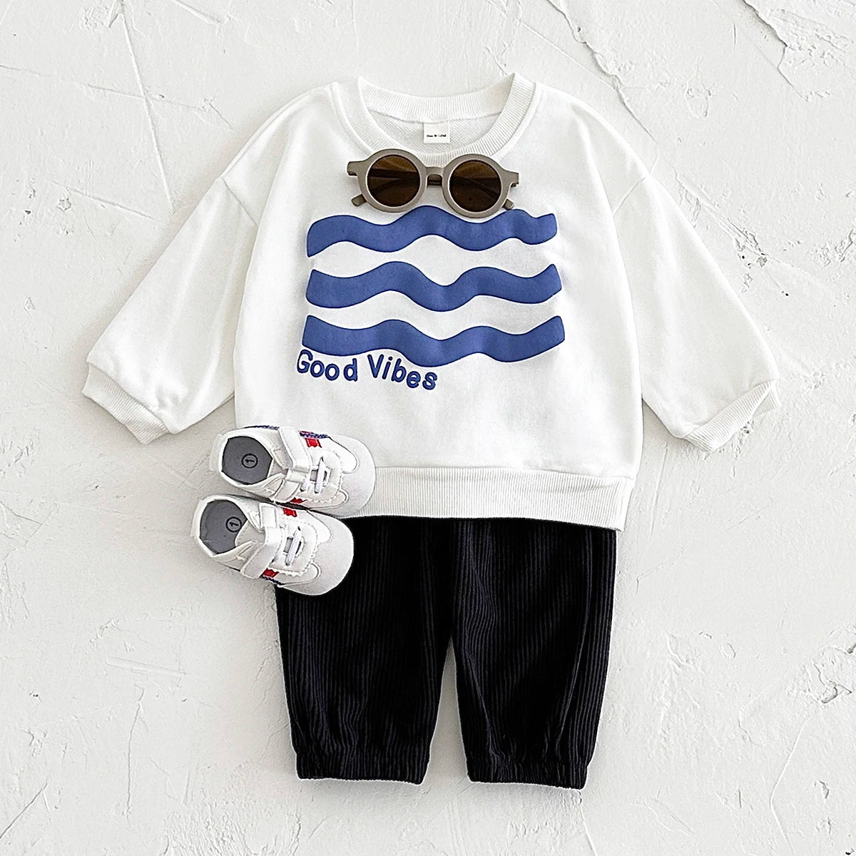 Baby Toddler Girls Boys 2Pcs Set Flowers / Waves / Sun Good Vibes Letters Print Pullover Long Sleeve Crewneck Top + Corduroy Pants Outfit