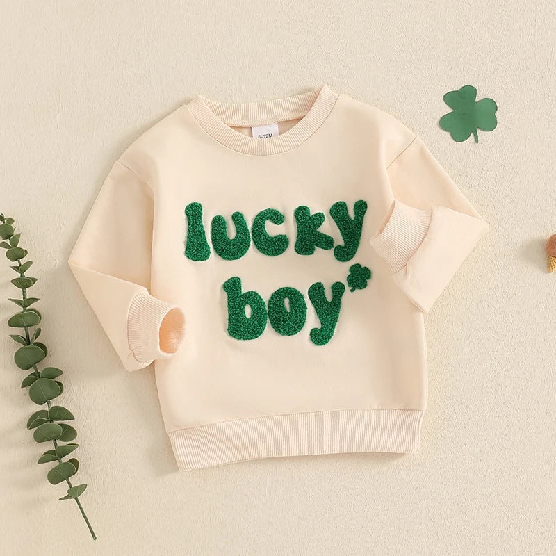 Baby Toddler Boys Lucky Boy St. Patrick's Day Irish Spring Letter Clover Shamrock Embroidered Long Sleeve O-Neck Casual Pullover Top