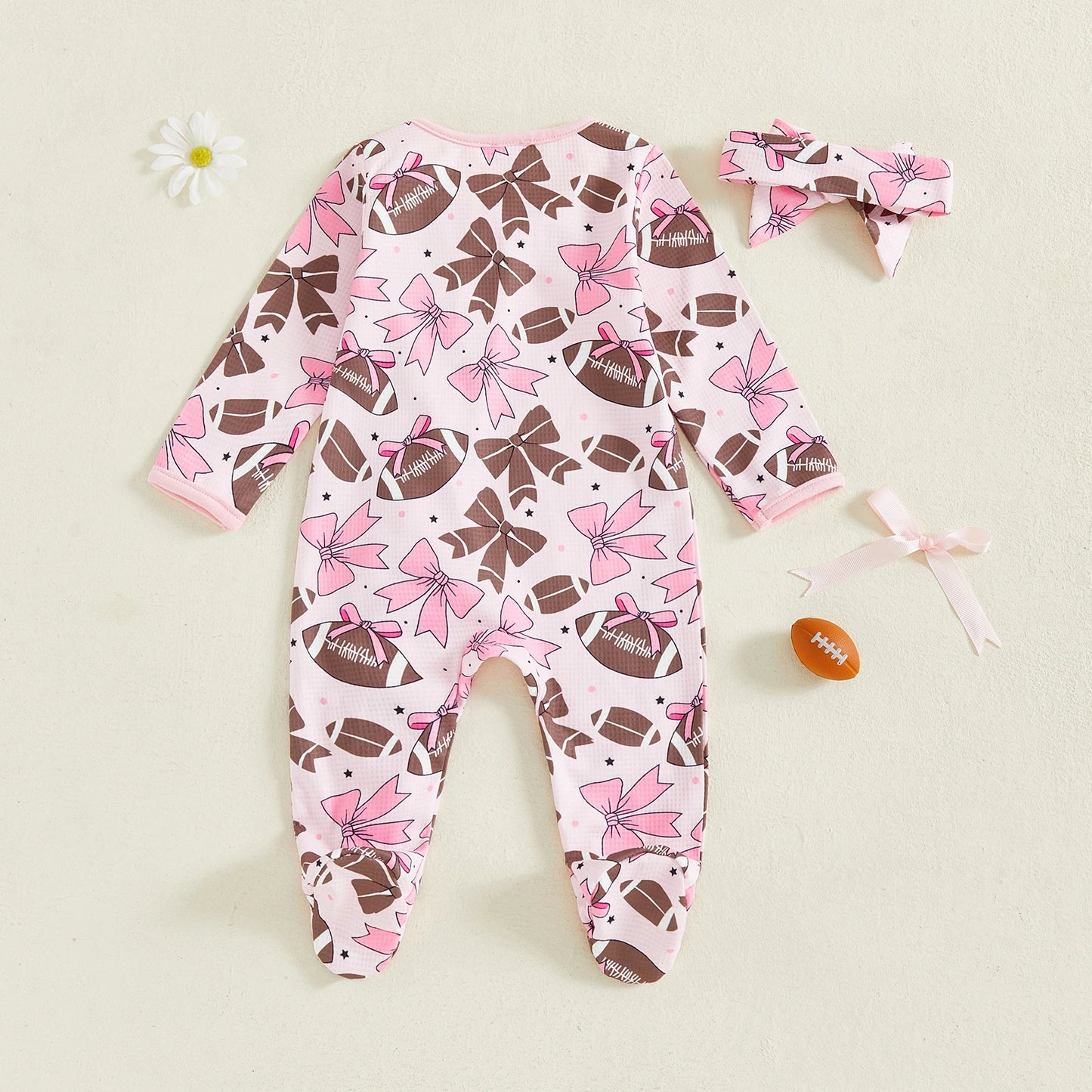 Baby Girl 2Pcs Footed Romper Fashionable Bow and Football Print Ruffled Long Sleeve Jumpsuit with Headband Set