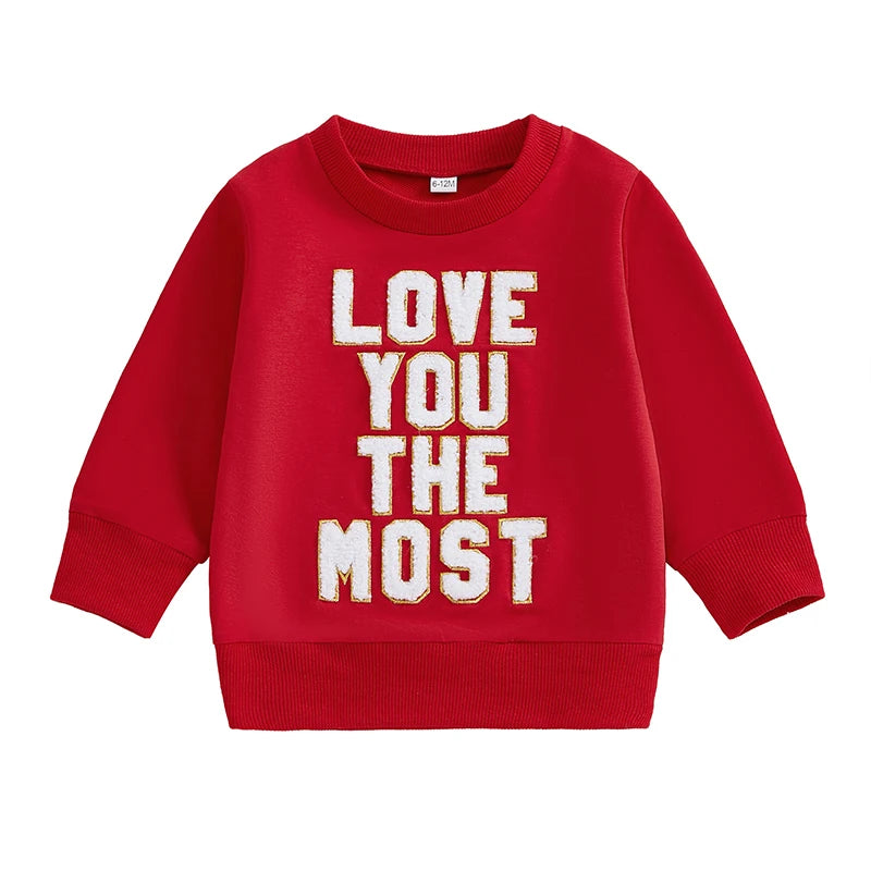 Baby Toddler Girls Boys Love You The Most Valentine's Day Letter Embroidery Long Sleeve Pullover Casual Top Valentines