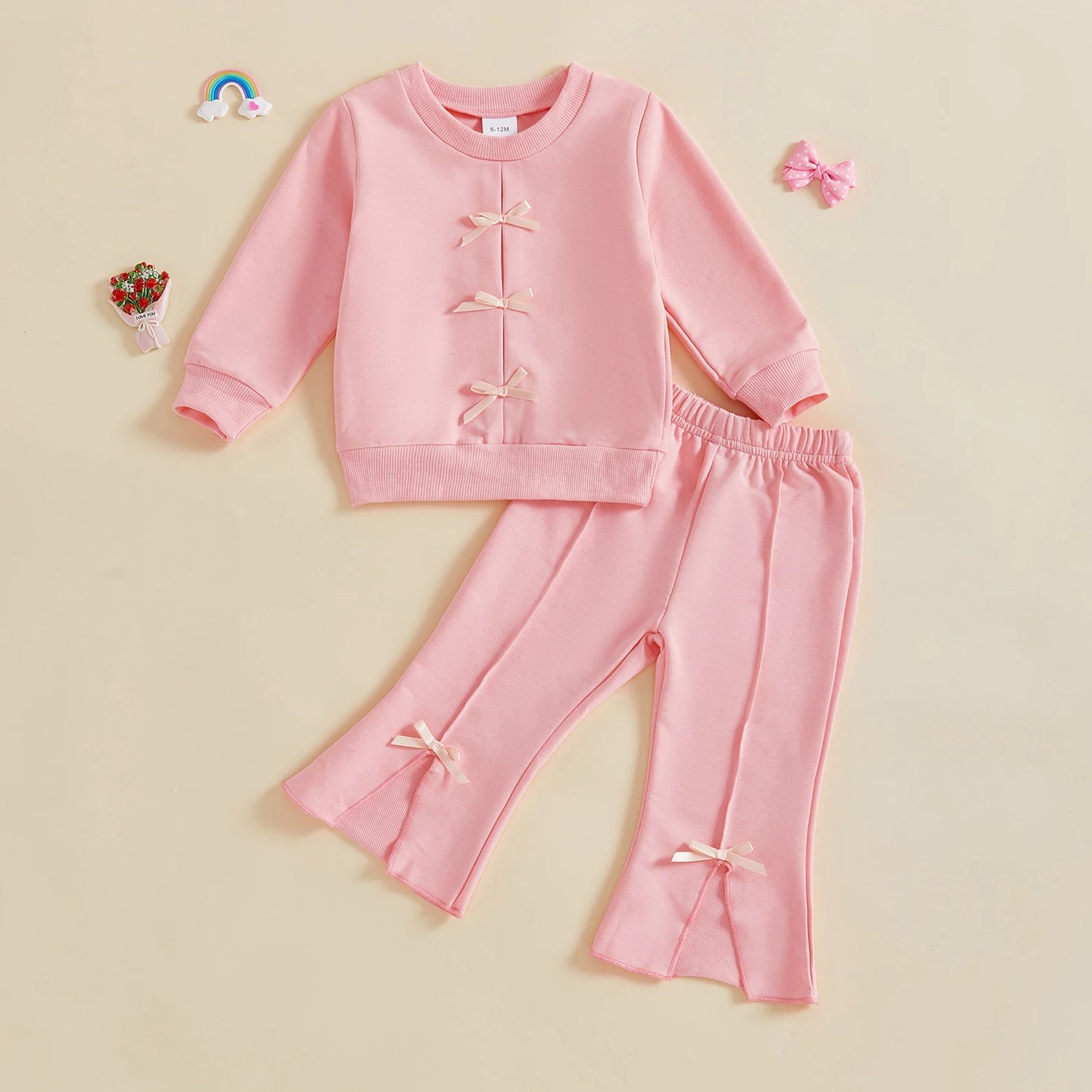 Baby Toddler Girl 2Pcs Fall Outfit Bow Decor Long Sleeve Round Neck Pullover Top + Elastic Waist Flare Pants 2Pcs Set