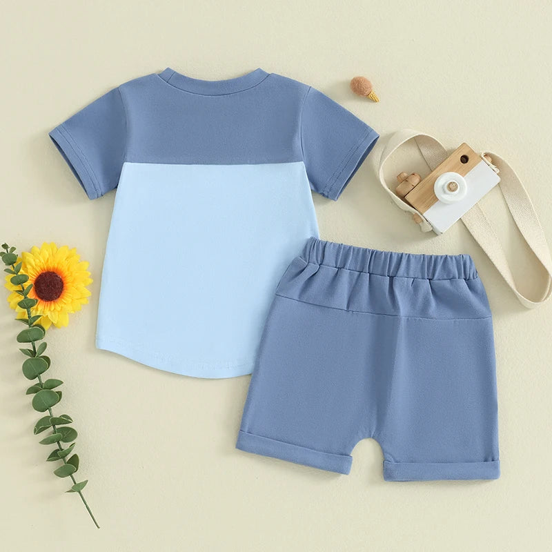 Toddler Baby Boy 2Pcs Summer Outfits Short Sleeve Contrast Color Top with Pocket Shorts Set Clothes