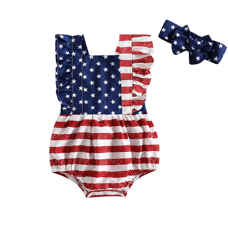 Baby Girl 2Pcs 4th of July Outfit Sleeveless Backless Ruffle Romper USA Flag with Headband Set