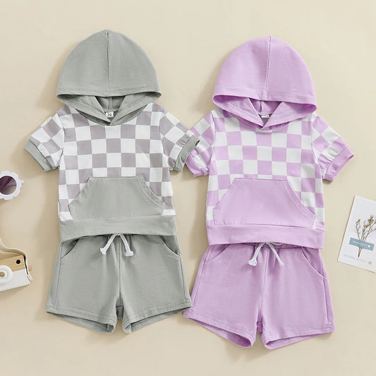 Baby Toddler Boys Girls 2Pcs Short Sleeve Checkerboard Hooded Top with Pocket and Drawstring Shorts Set Outfit