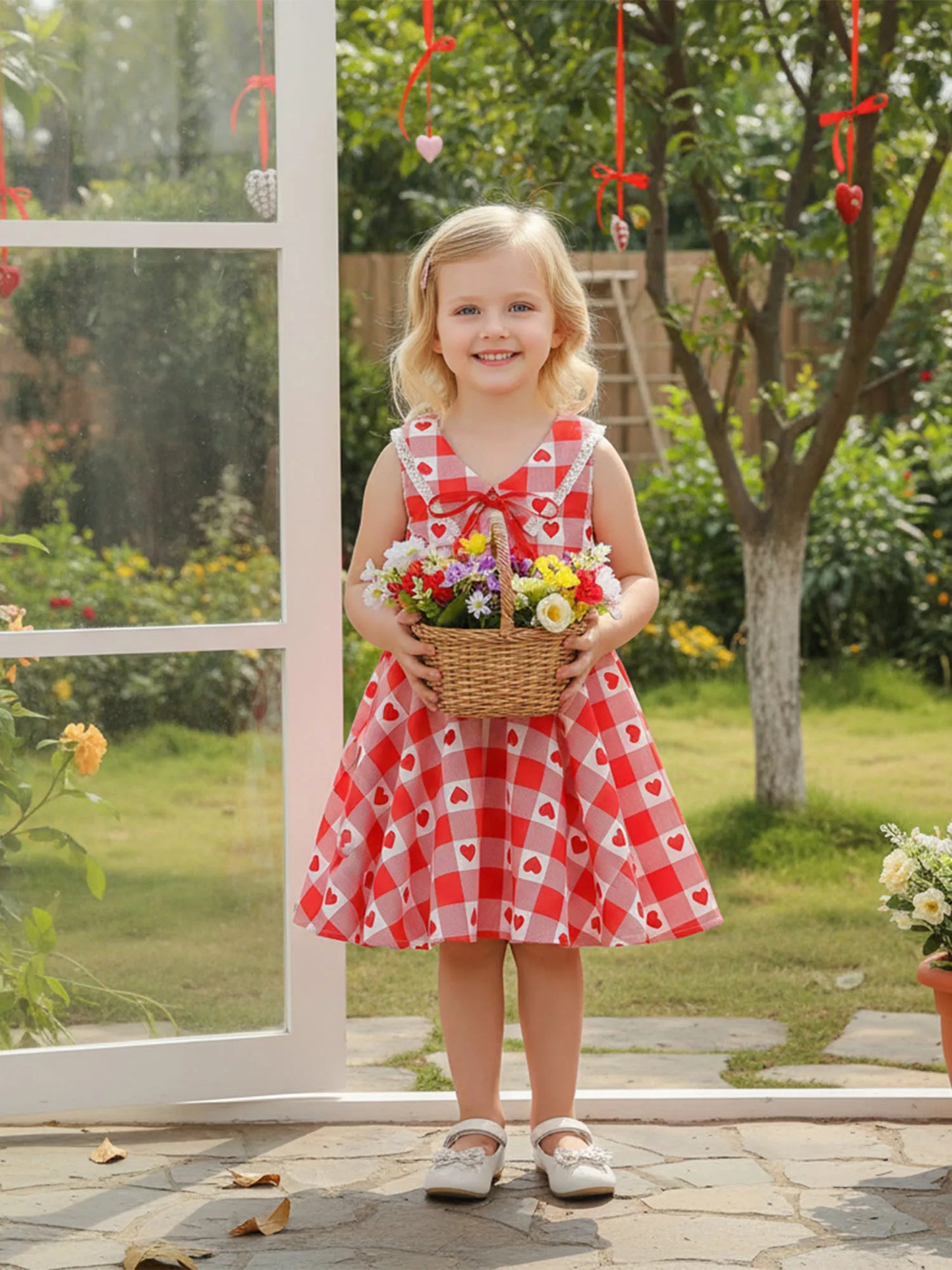 Baby Toddler Kids Girls Valentine's Day Dress Summer Sleeveless Lapel Plaid Heart Print Sweet A-Line Sundress