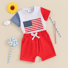 Load image into Gallery viewer, Baby Toddler Boys 2Pcs 4th of July Clothes Set Short Sleeve USA American Flag Print Top with Elastic Waist Shorts Outfit
