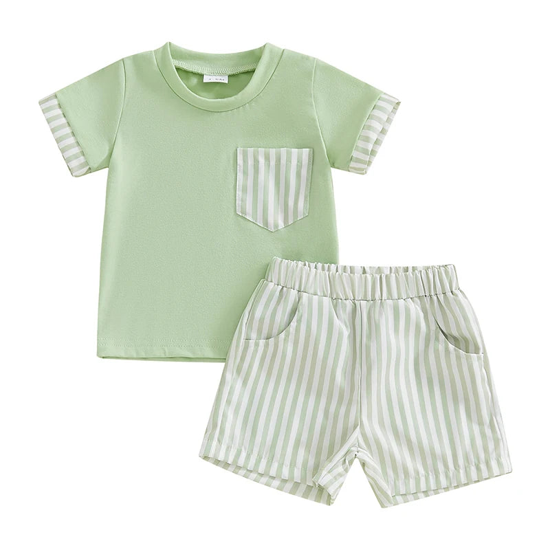 Baby Toddler Boys 2Pcs Set O-Neck Short Sleeve T-shirt Top Striped Elastic Waist Shorts Summer Outfit