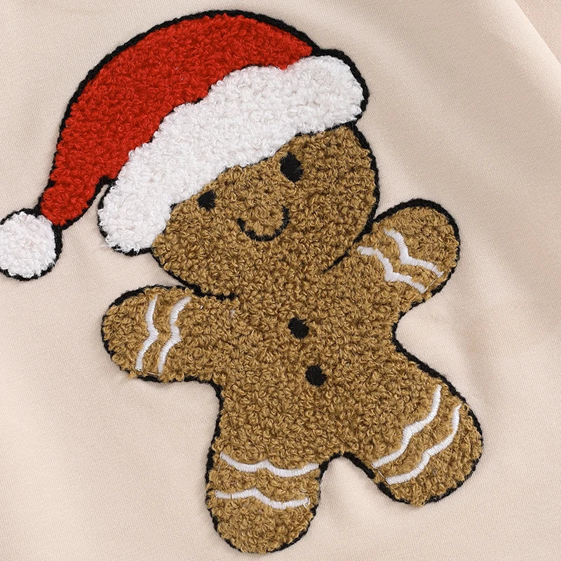 Baby Girls Boys Christmas Jumpsuit Long Sleeve Crewneck Gingerbread Man Santa Hat Embroidery Bubble Romper