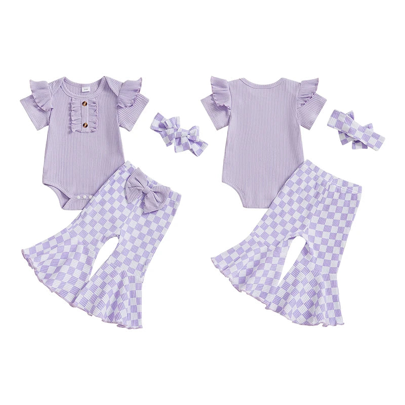 Baby Girls 3Pcs Summer Spring Clothes Solid Ribbed Short Sleeve Romper with Checkered Print Flare Long Pants and Headband Set