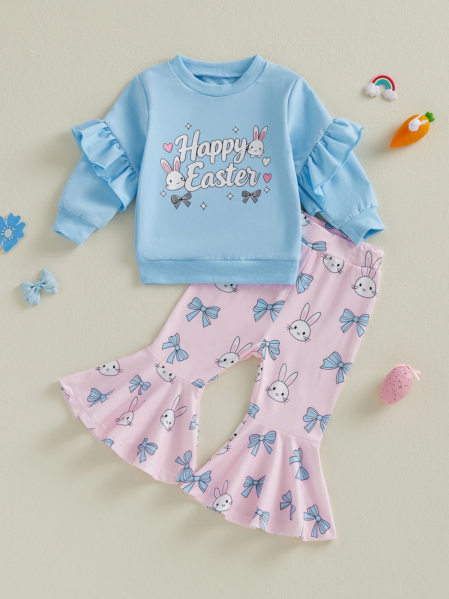 Baby Toddler Girls 2Pcs Happy Easter Outfit Bunny Bow Print Ruffled Trim Crew Neck Long Sleeve Top and Bell Bottoms Set