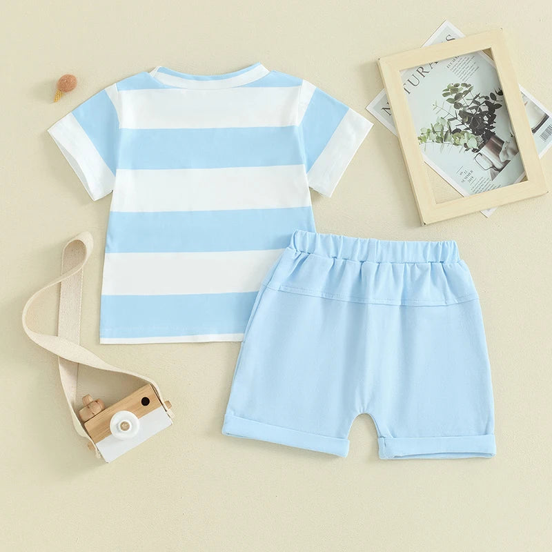 Baby Toddler Boys 2Pcs Summer Outfit Pocket Stripe Short Sleeve Top Elastic Waist Shorts Clothes Set