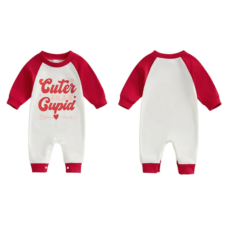 Baby Girls Valentine's Day Cuter Than Cupid Jumpsuit Long Sleeve O Neck Letter Heart Arrow Print Valentines Romper