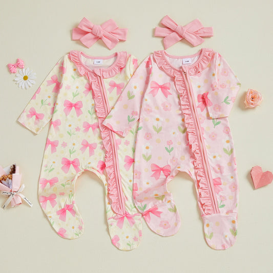 Baby Girl 2Pcs Footed Zipper Romper Floral Print Long Sleeve Zip Up Round Neck Ruffled Jumpsuit with Headband Set