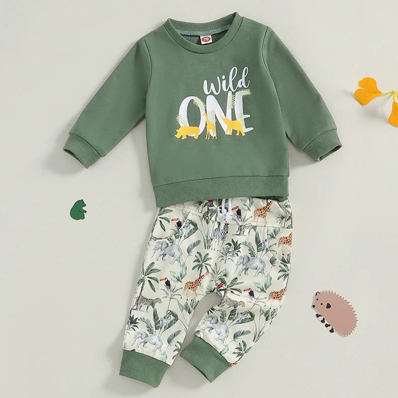 Baby Boys 2Pcs Wild ONE Outfit Long Sleeve Crew Neck Letter Print Top Jungle Animal Print Pants Fall Set