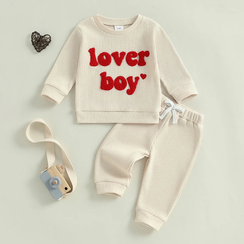 Baby Toddler Boys 2Pcs Lover Boy Valentine's Day Outfit Letter Embroidery Ribbed Long Sleeve Crew Neck Top with Drawstring Jogger Pants Valentines Set