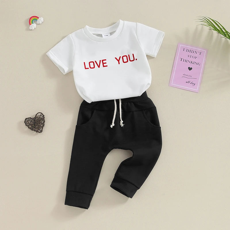 Toddler Baby Boy Girl 2Pcs Valentine's Day Outfit Pullover Short Sleeve Letters LOVE YOU Top Long Pants Set