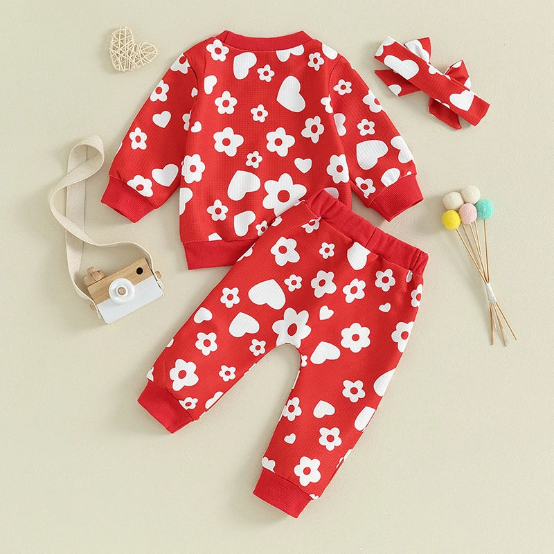 Baby Toddler Girl 3Pcs Valentine's Day Outfit Heart Flower Print Long Sleeve Crewneck Top Casual Pants Set