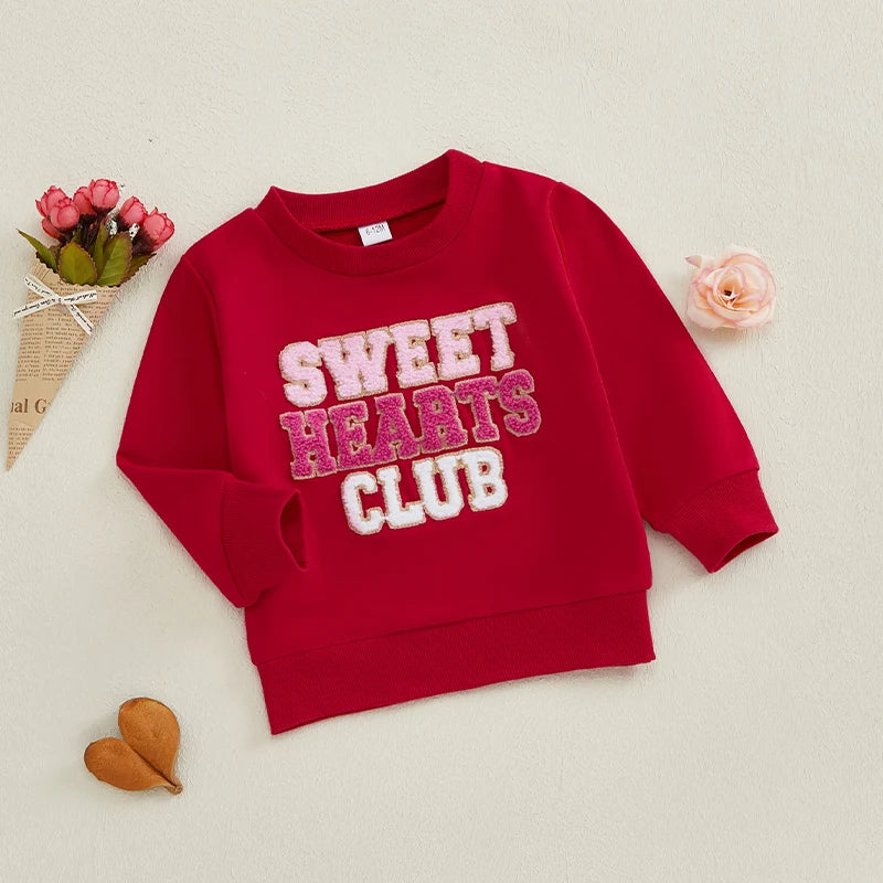 Baby Toddler Girls Sweet Hearts Club Valentine's Day Letter Embroidery Crewneck Long Sleeve Casual Pullover Top Valentines