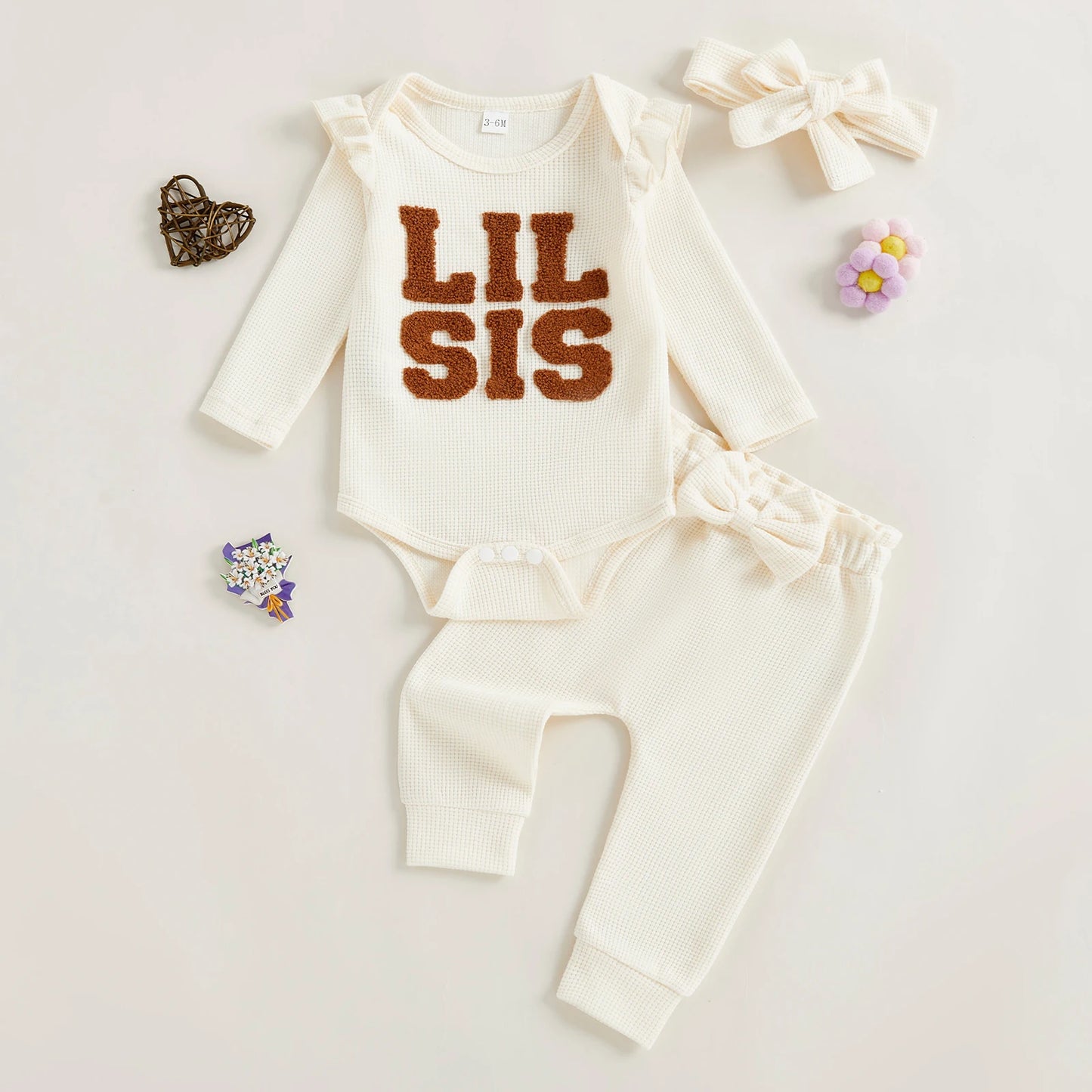 Baby Girl 3Pcs Lil Sis Outfit Waffle Letter Embroidered Crew Neck Long Sleeve Romper Jogger Pants and Headband 3 Pcs Set