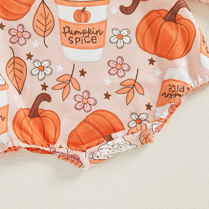 Baby Girl Halloween Fall Thanksgiving Romper Pumpkin Latte Flowers Floral Print Round Neck Long Sleeve Bubble Jumpsuit