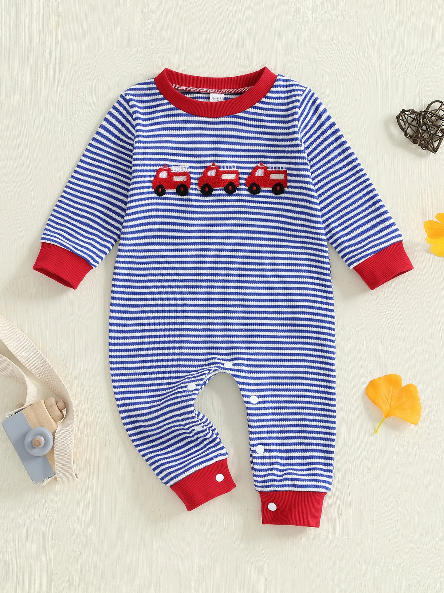 Baby Boy Fall Romper Striped Fire Truck Embroidered Crewneck Long Sleeve Full Length Jumpsuit