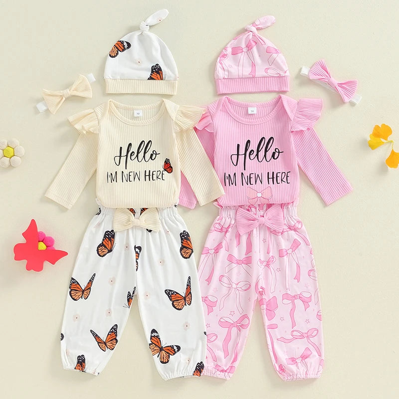 Baby Girls 4Pcs Hello I'm New Here Outfit Letter Long Sleeve Romper with Bow / Butterfly Pattern Pants and Headband Hat Set