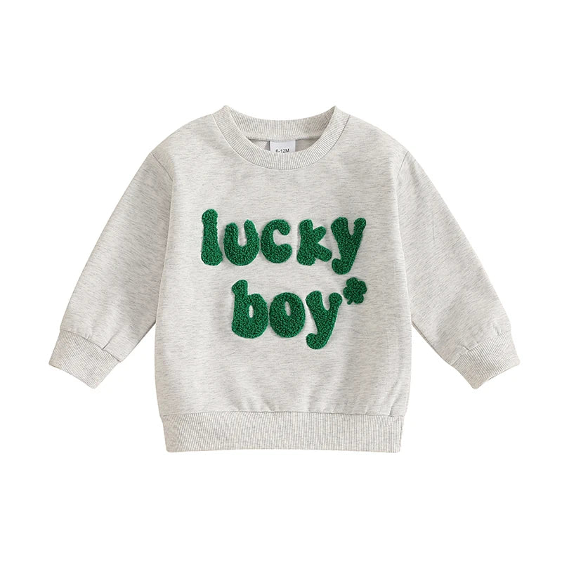 Baby Toddler Boys Lucky Boy St. Patrick's Day Irish Spring Letter Clover Shamrock Embroidered Long Sleeve O-Neck Casual Pullover Top