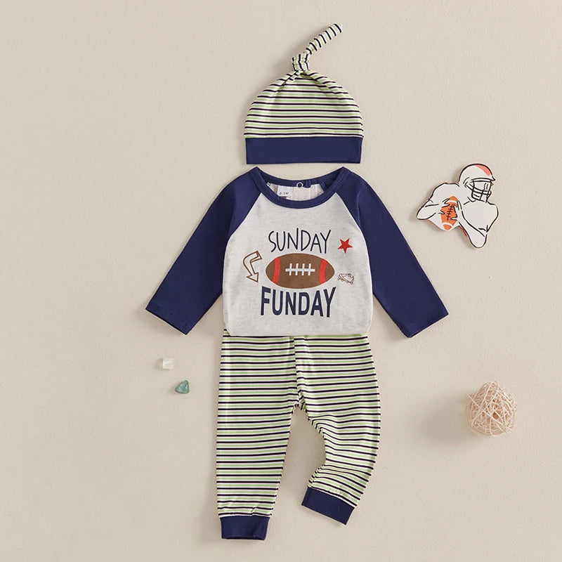 Baby Boys 3Pcs Sunday Funday Set Long Sleeve Crew Neck Letter Football Print Romper with Striped Pants and Hat Fall Outfit