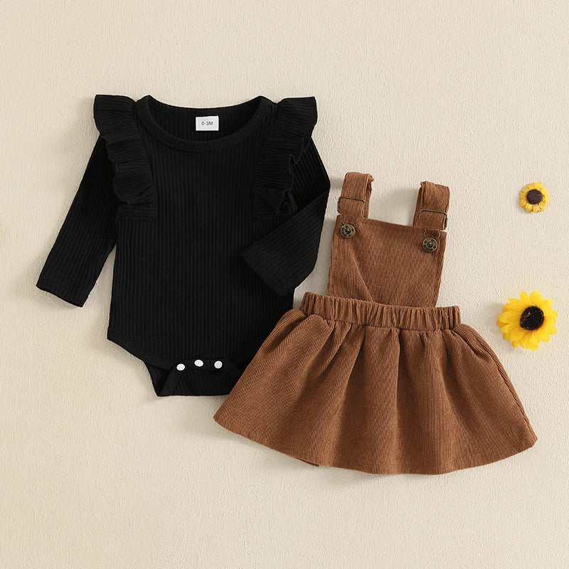 Baby Girl 2Pcs Fall Outfit Solid Ruffled Long Sleeve Crew Neck Romper with Corduroy Suspender Skirt 2Pcs Set