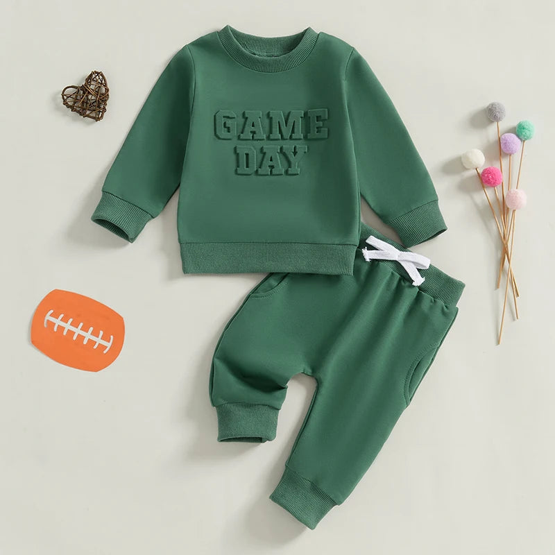 Baby Toddler Boys Girls 2Pcs GAME DAY Jogger Set Long Sleeve O-Neck Letter Top with Elastic Waist Pants Fall Outfit