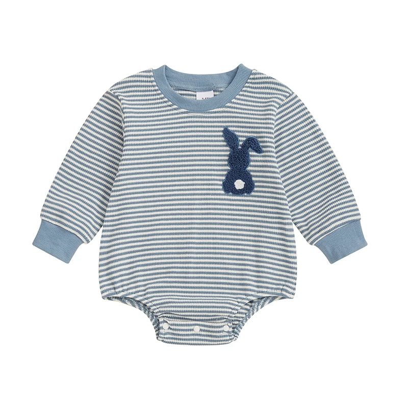 Baby Girls Boys Easter Romper Stripe Bunny Rabbit / Carrot Embroidery Long Sleeve Jumpsuit Bodysuit