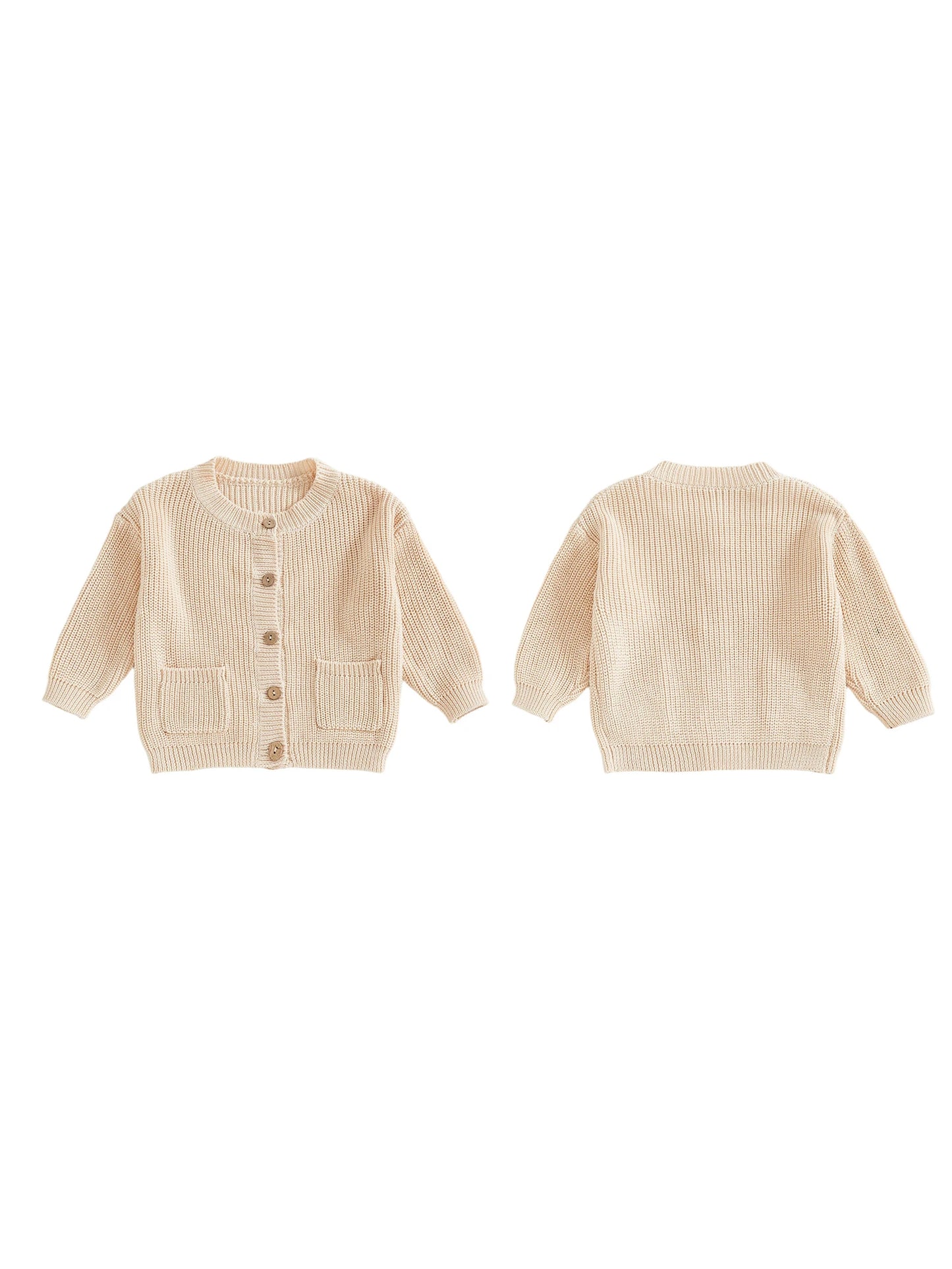 Baby Toddler Girls Boys Knit Cardigan Solid Long Sleeve Crew Neck Button-up Sweater with Pockets Casual Fall Clothes Top