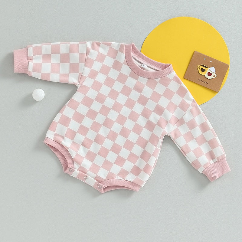 Baby Boy Girl Fall Sweatshirt Bodysuit Checkerboard Print Long Sleeve Jumpsuit Romper