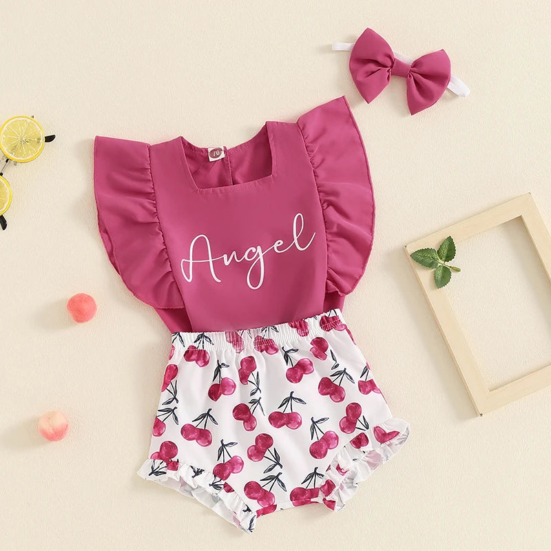 Baby Toddler Girls 3Pcs Angel Summer Outfit Letter Print Ruffles Sleeveless Tank Top with Lemon/Cherry Print Shorts Bloomers and Bow Headband Set