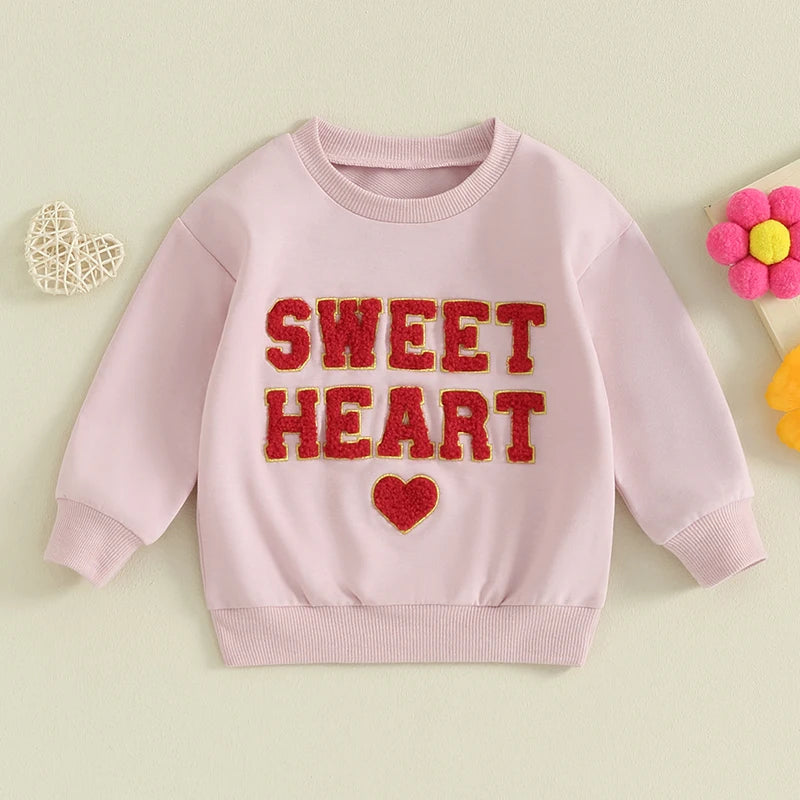 Baby Toddler Girls Valentine's Day Sweet Heart Letters Long Sleeve O-neck Embroidery Pullover Top