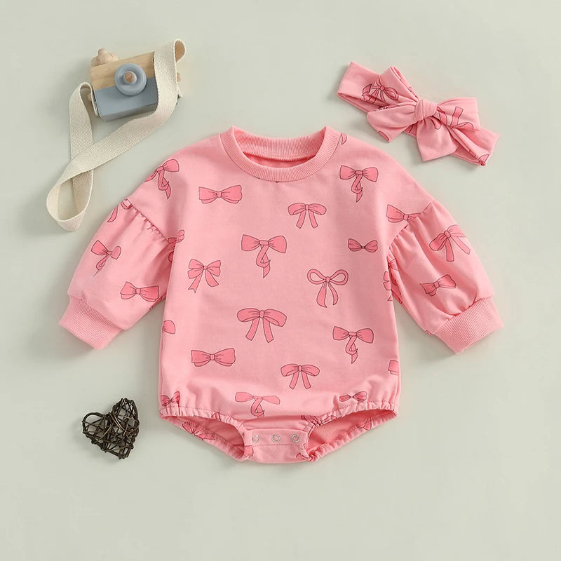 Baby Girl 2Pcs Fall Outfit Bow Print Crew Neck Long Sleeve Bubble Romper Tie-up Headband Set