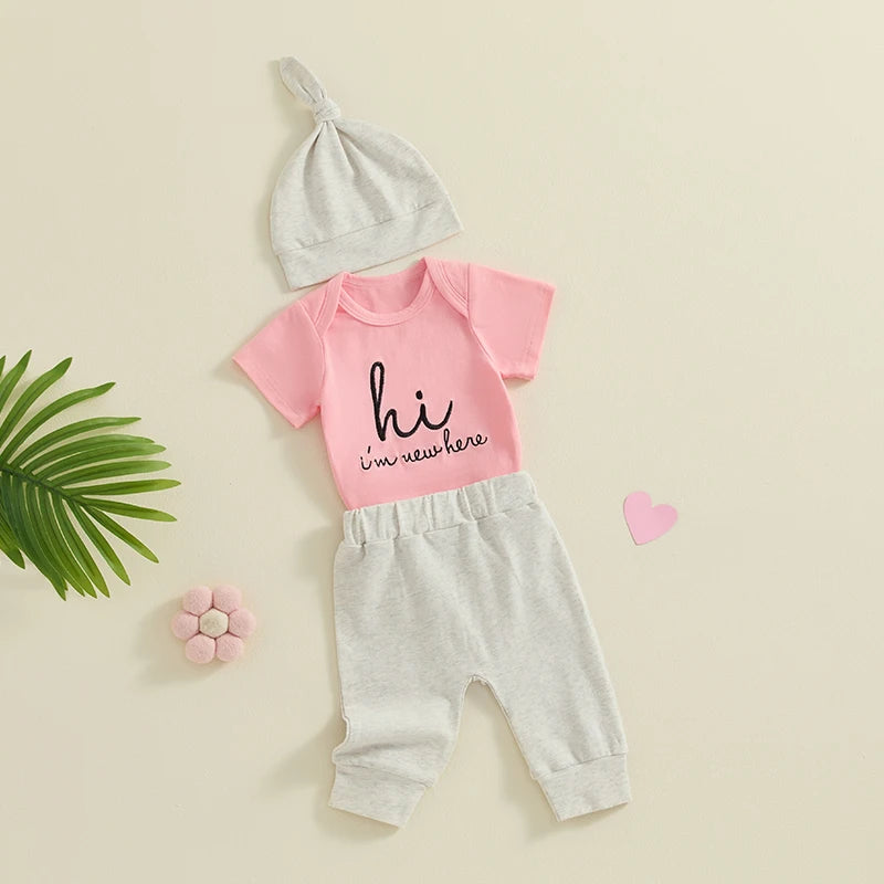 Baby Girl Boy 3Pcs Hi I'm New Here Outfit Letter Embroidery Short Sleeve Romper Elastic Waist Long Pants Hat Clothes Set