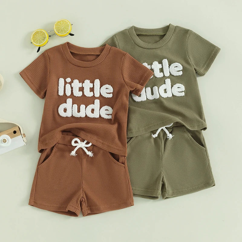 Baby Toddler Boys 2Pcs Little Dude Summer Outfit Short Sleeve Letter Print Top Solid Color Drawstring Shorts Set