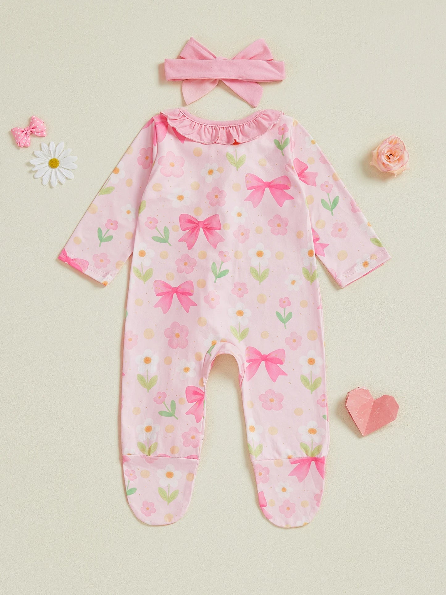 Baby Girl 2Pcs Pink Romper Set with Matching Headband Long Sleeves Floral Bow Print and Ruffled Details - Zip Up Jumpsuit Zipper Romper
