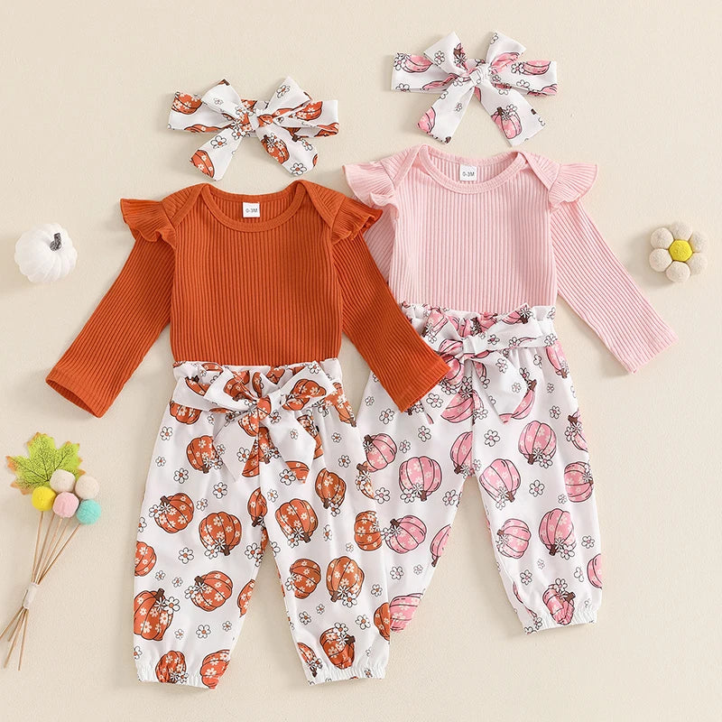 Baby Girls 3Pcs Halloween Outfit Ribbed Long Sleeve Frill Sleeve Romper and Elastic Pumpkin Flower Print Pants Headband Set