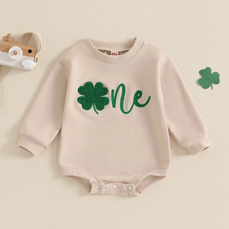 Baby Boys Girls One Spring St. Patrick's Day Birthday Romper Letter Shamrock Embroidery Long Sleeve O-Neck Bubble Jumpsuit