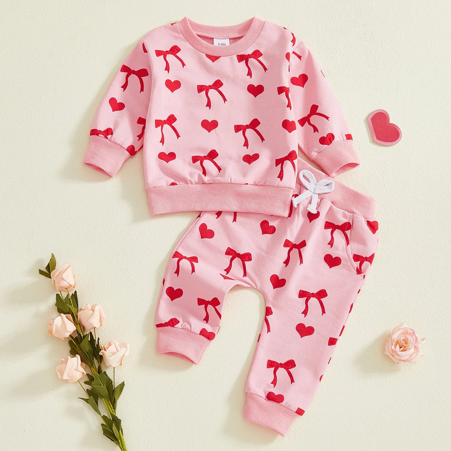 Baby Toddler Girls 2Pcs Valentines Day Outfit Heart Bow Print Long Sleeve Top and Pants Jogger Set