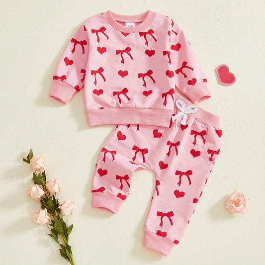 Baby Toddler Girls 2Pcs Valentines Day Outfit Heart Bow Print Long Sleeve Top and Pants Jogger Set