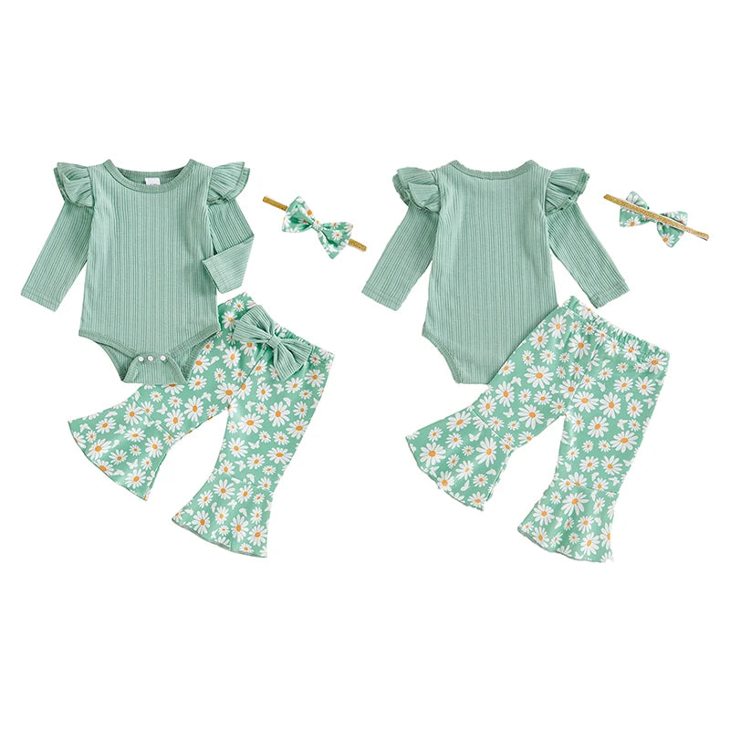 Baby Girl 3Pcs Fall Outfit Long Sleeve Ribbed Romper Daisy Flower Flare Pants Bow Headband Set