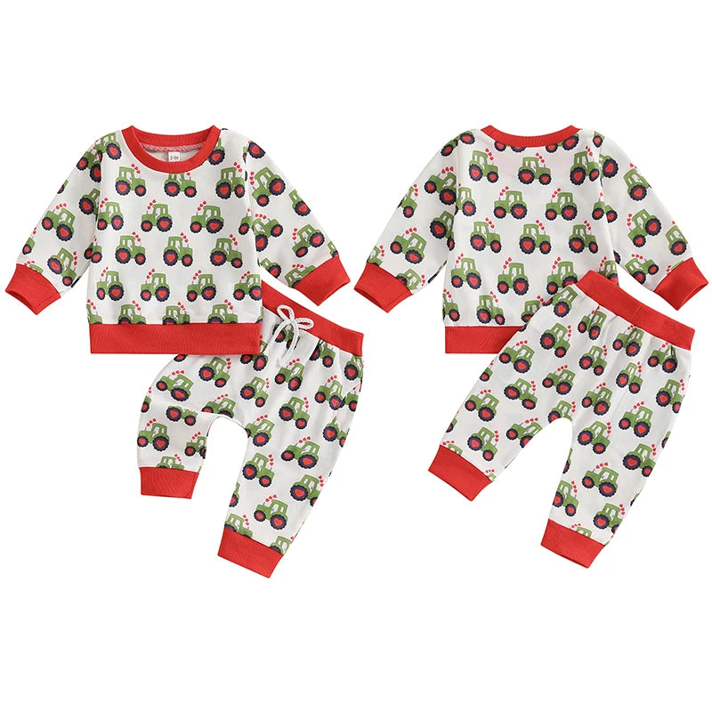 Baby Toddler Boys 2Pcs Outfit Long Sleeve Tractor Print Top and Pants Jogger Set