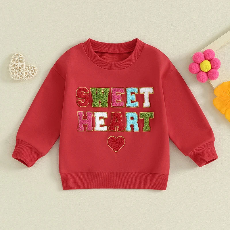 Baby Toddler Girls Valentine's Day Sweet Heart Letters Long Sleeve O-neck Embroidery Pullover Top