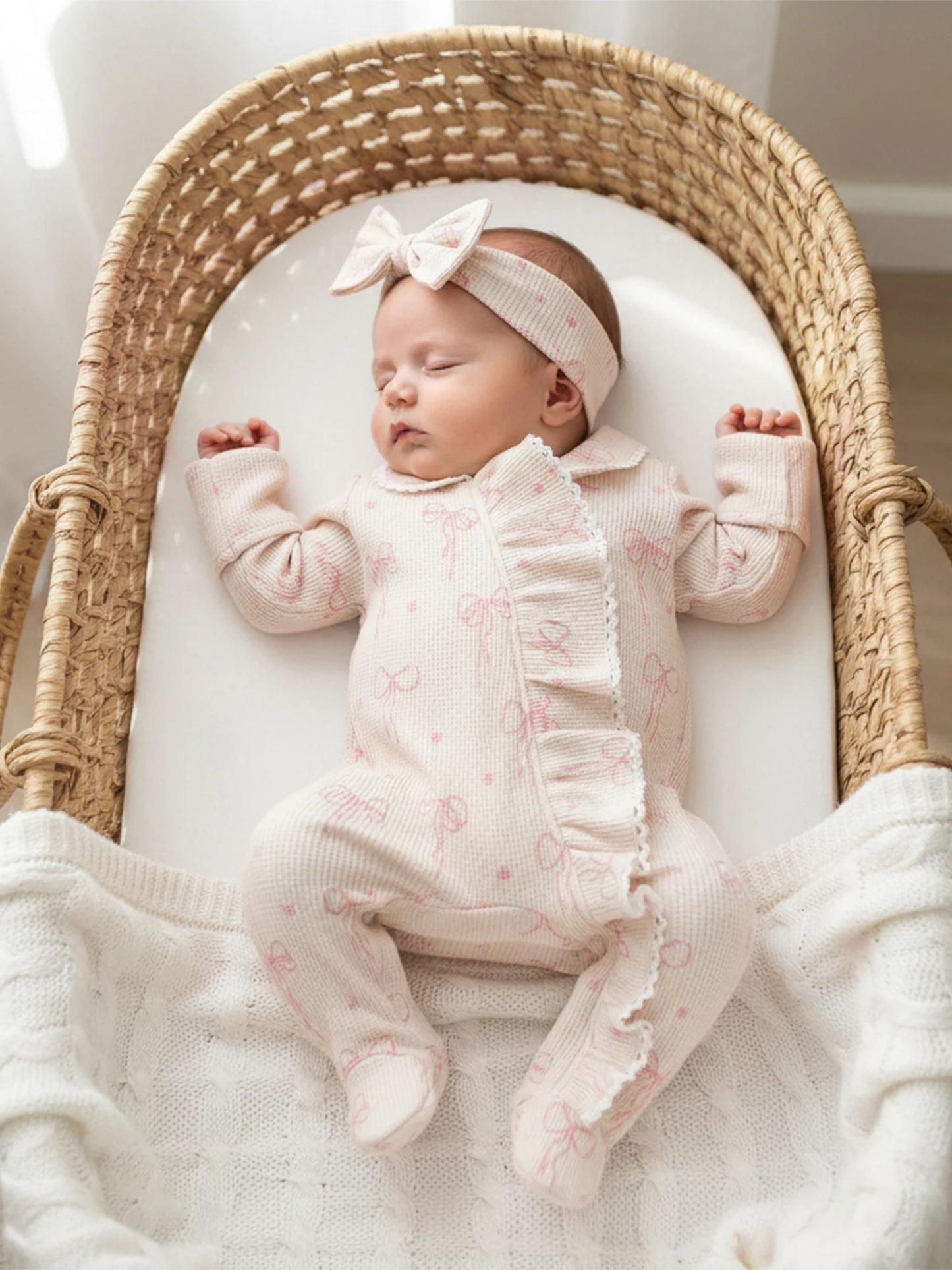 Baby Girl 2Pcs Romper Waffled Bow Print Long Sleeve Zip Up Footed Jumpsuit with Headband Set