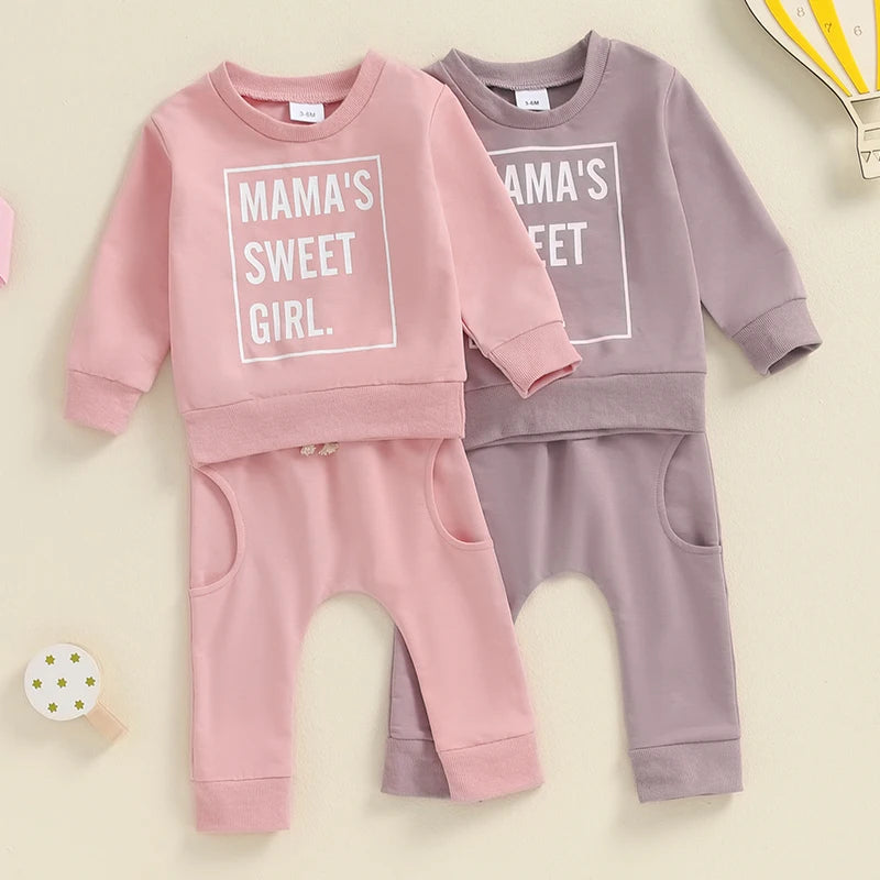 Baby Toddler Girls 2Pcs Mama's Sweet Girl Fall Outfit Classic Letter Print Long Sleeve Pullover Top + Long Pants Set